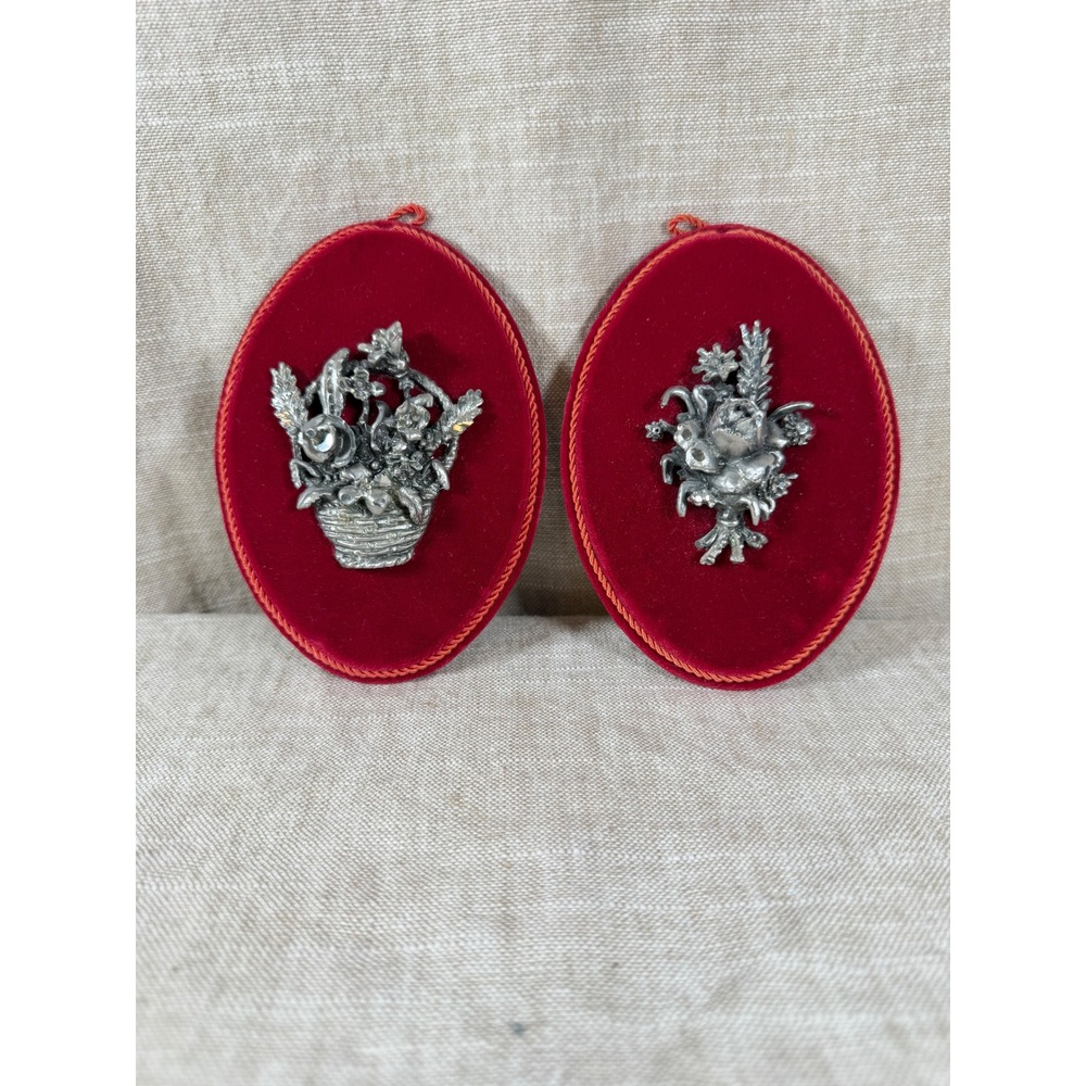 Vintage Pewter Floral Wall Plaques Red Velvet Oval Set of 2 Victorian Decor